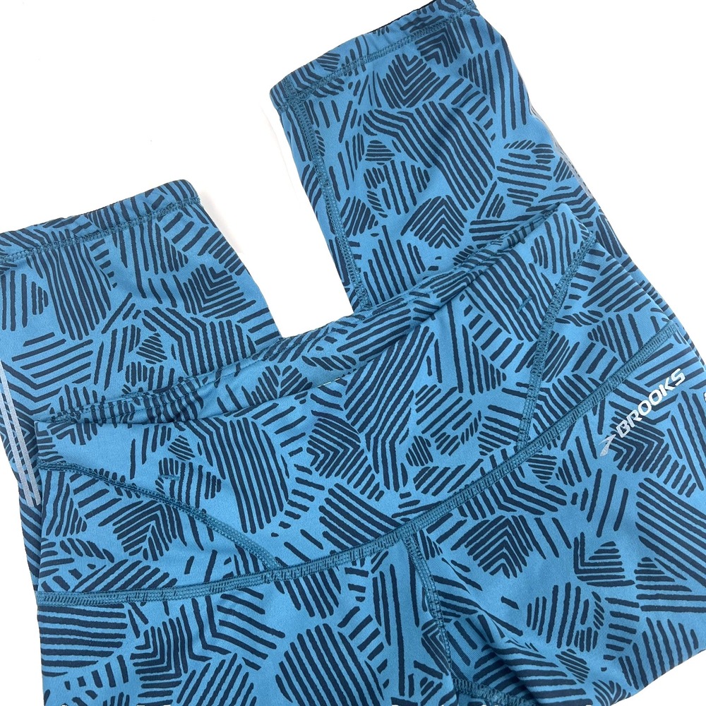BROOKS Women's Sz S Blue/Black Print Low-Rise Capri Running Leggings Reflective